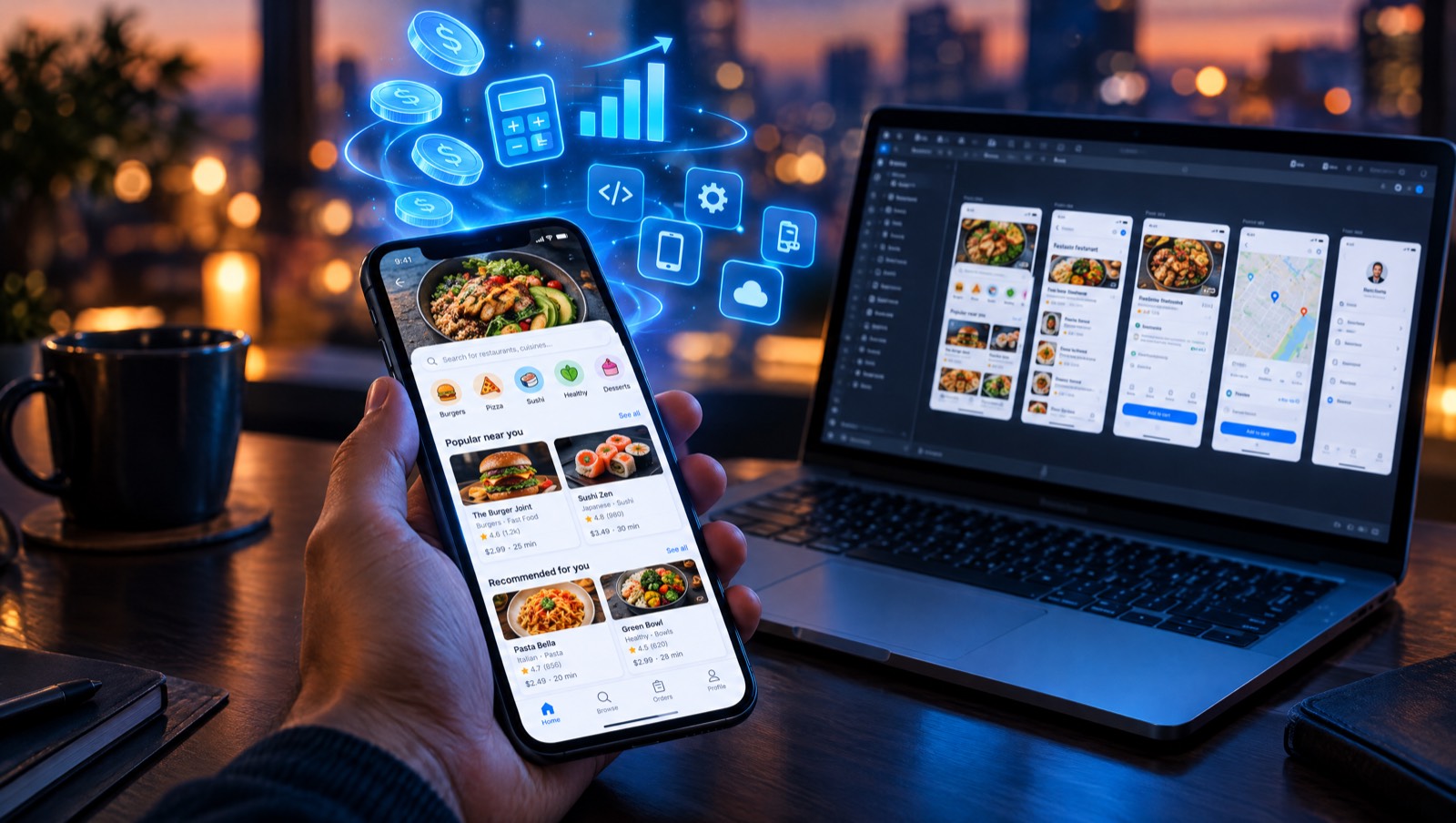 Hand hält ein Smartphone mit einer Essens-App, dahinter ein Laptop mit den App-Entwürfen, darüber leuchtende Münzen, Taschenrechner und Diagramm
