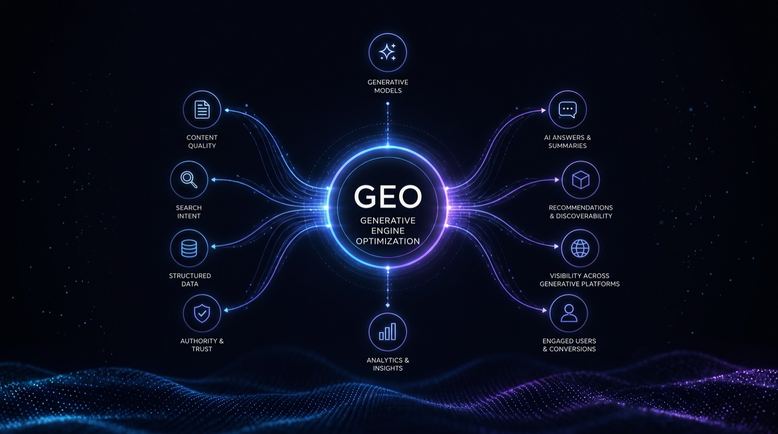 Schaubild zu Generative Engine Optimization (GEO): ein leuchtender Kreis in der Mitte, verbunden mit Faktoren wie Inhaltsqualität, strukturierten Daten und Vertrauen