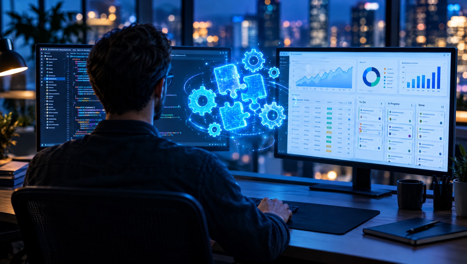 Entwickler vor zwei Monitoren mit Quellcode und einem Business-Dashboard, dazwischen leuchtende Puzzleteile und Zahnräder