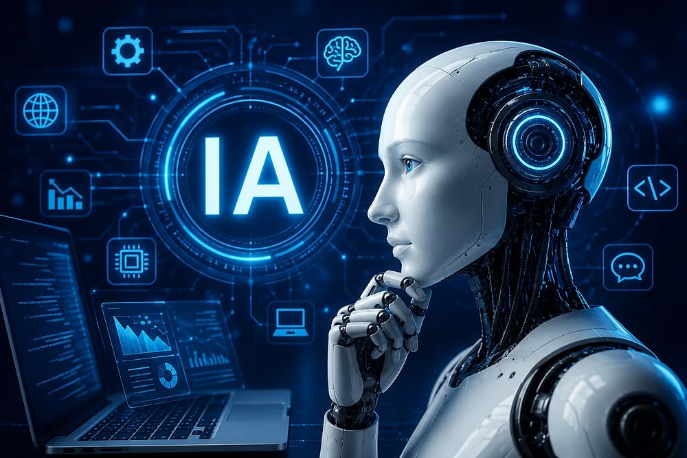 Nachdenklicher weißer Humanoid-Roboter im Profil vor blauem Technik-Hintergrund mit leuchtendem Kreis, Symbolen für Zahnrad, Gehirn und Diagramme sowie einem Notebook mit Datenanzeigen