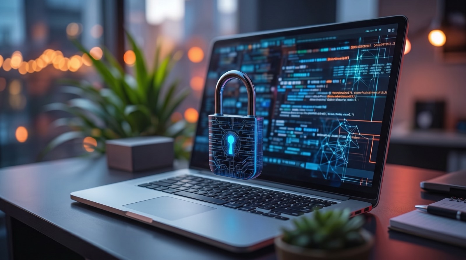 Laptop am Schreibtisch, davor ein leuchtendes digitales Vorhängeschloss als Zeichen für Datenschutz