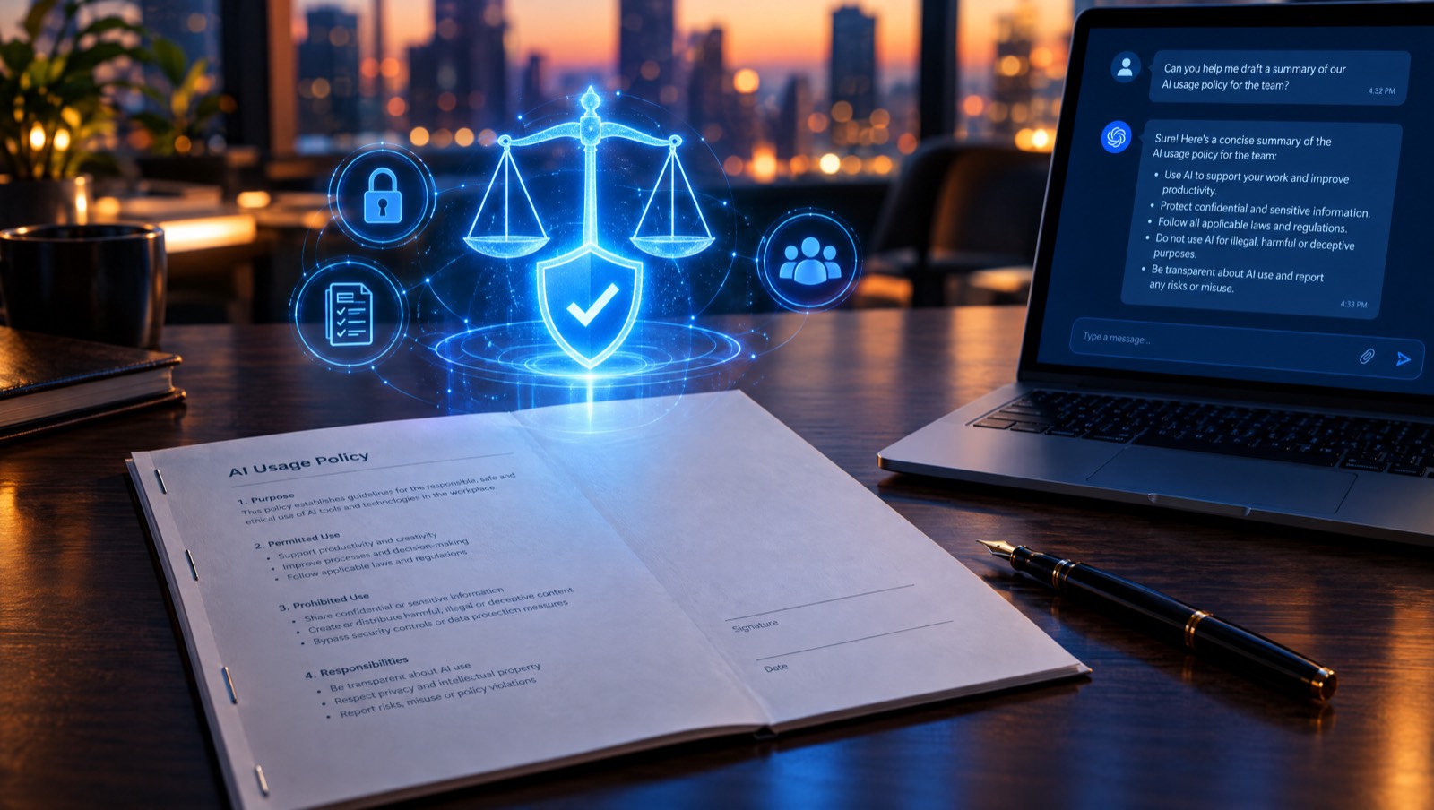 Aufgeschlagene, gedruckte KI-Richtlinie mit Unterschriftsfeld und Füller, daneben ein Laptop mit KI-Chat, darüber eine leuchtende Waage mit Schutzschild