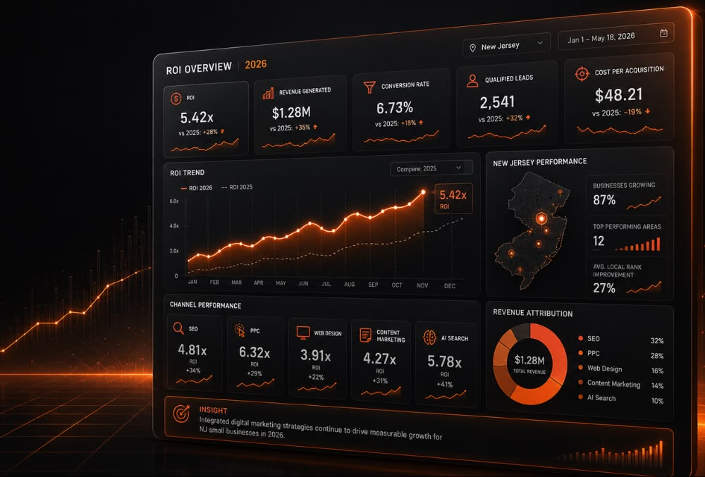 Dunkles Dashboard mit orangefarbenen Kennzahlen-Kacheln, ROI-Verlaufskurve, Kanal-Vergleich und Kreisdiagramm zur Umsatzverteilung
