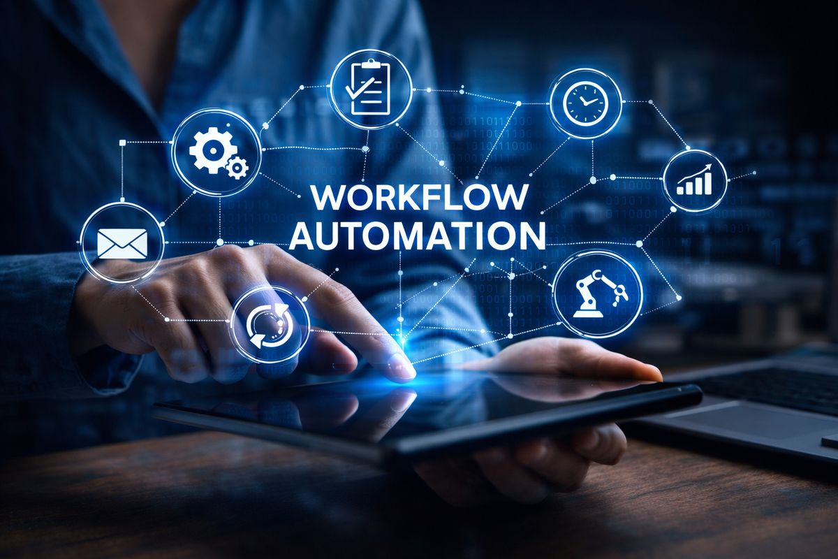 Hand tippt auf ein Tablet, darüber schweben vernetzte Symbole für Checkliste, Uhr, E-Mail, Zahnräder, Diagramm und Roboterarm um den Schriftzug Workflow Automation