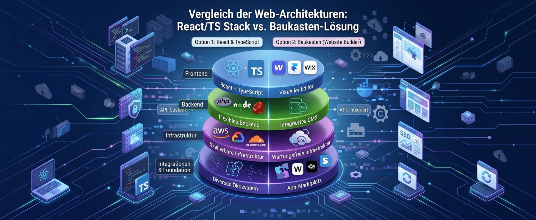 Schichtdiagramm „Vergleich der Web-Architekturen“: links ein React-und-TypeScript-Stack, rechts eine Baukasten-Lösung, jeweils mit den Ebenen Frontend, Backend, Infrastruktur und Integrationen
