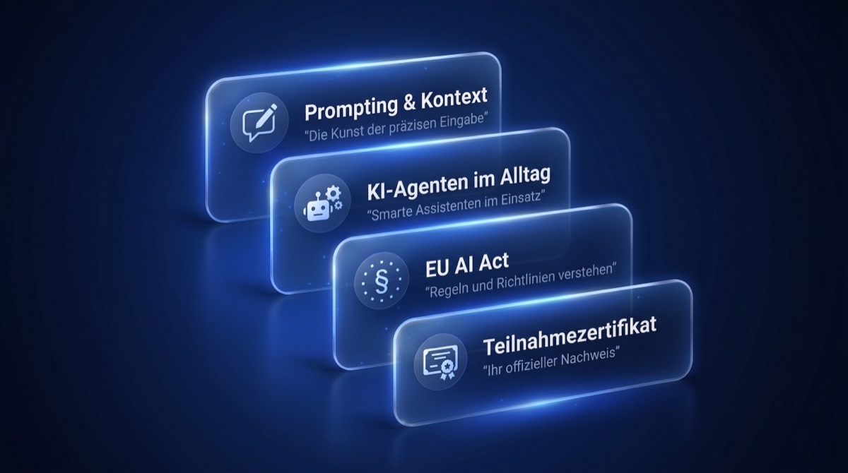 Gestapelte Karten zu den Schulungsinhalten: Prompting & Kontext, KI-Agenten im Alltag, EU AI Act, Teilnahmezertifikat