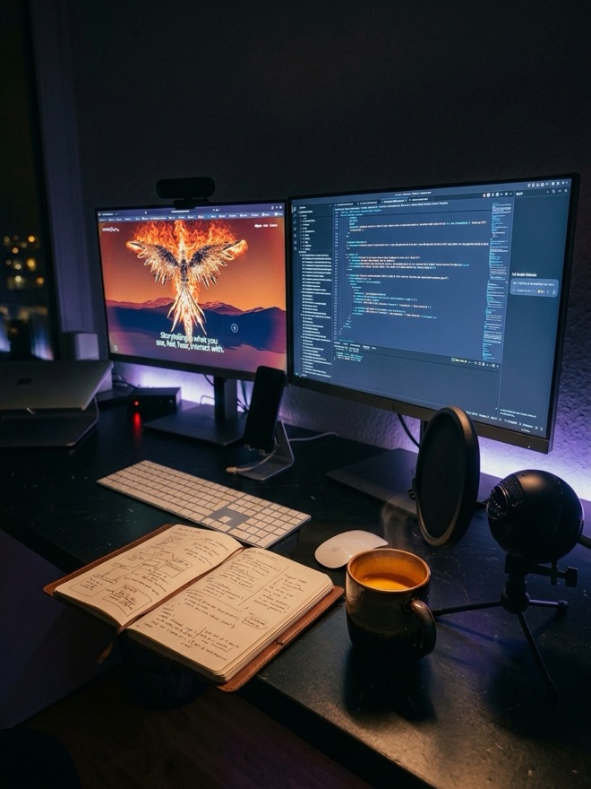 Arbeitsplatz im VU Studio: Code auf zwei Monitoren, Notizbuch und Kaffee